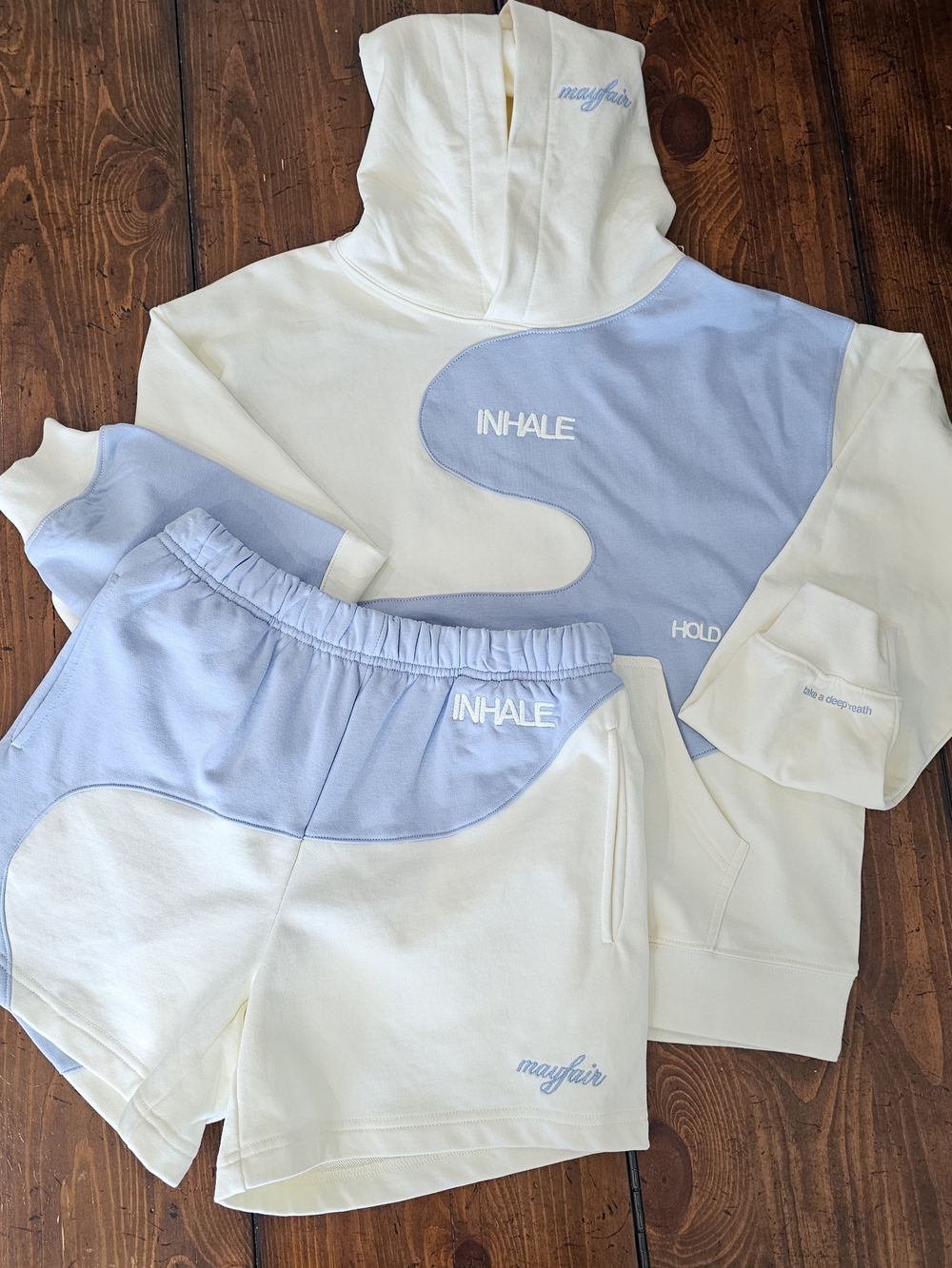 Mayfair Cream & Light Blue 'Inhale' Hoodie & Short Set Women's Sz X-Small NWT